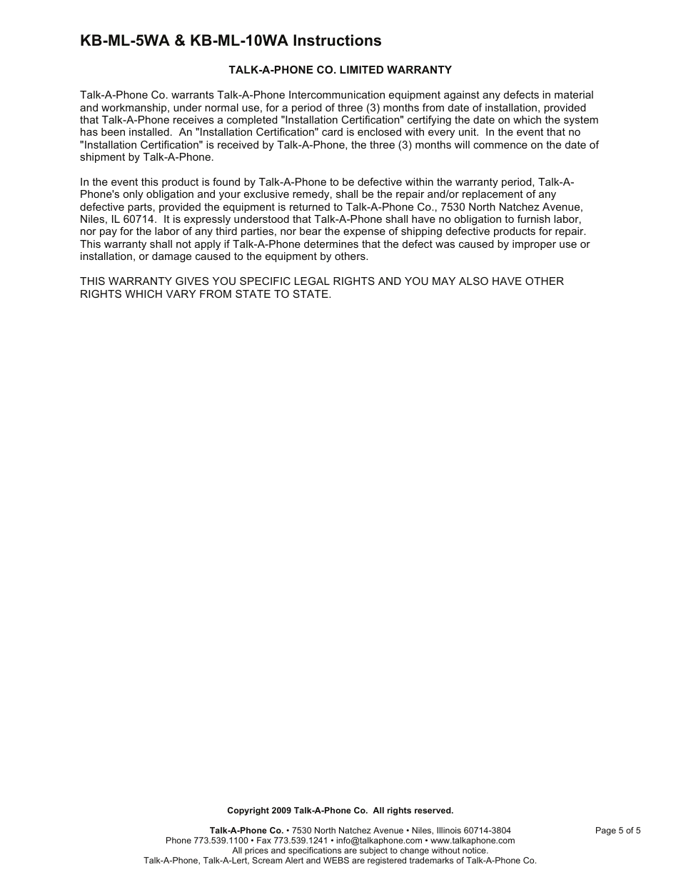 Kb-ml-5wa & kb-ml-10wa instructions | Talkaphone KB-ML-5WA Five Channel Master with Annunciator User Manual | Page 5 / 5