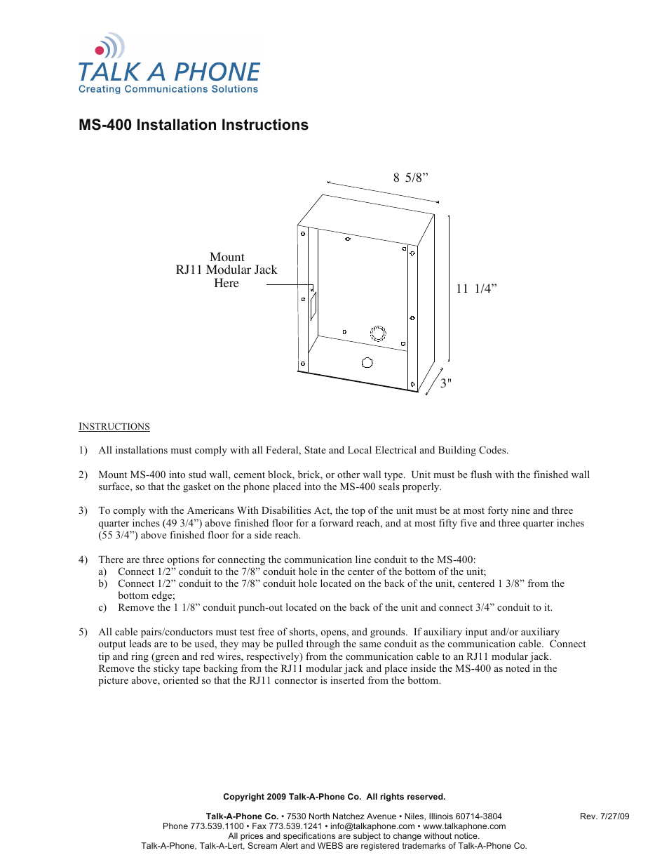 Talkaphone MS-400 Flush Mount Sleeve User Manual | 1 page