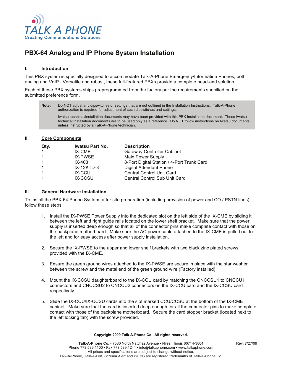 Talkaphone PBX-64 User Manual | 5 pages