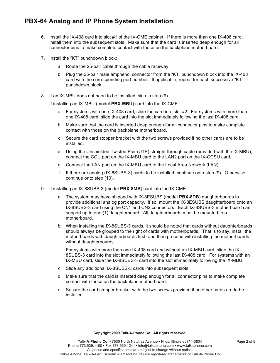 Pbx-64 analog and ip phone system installation | Talkaphone PBX-64 User Manual | Page 2 / 5