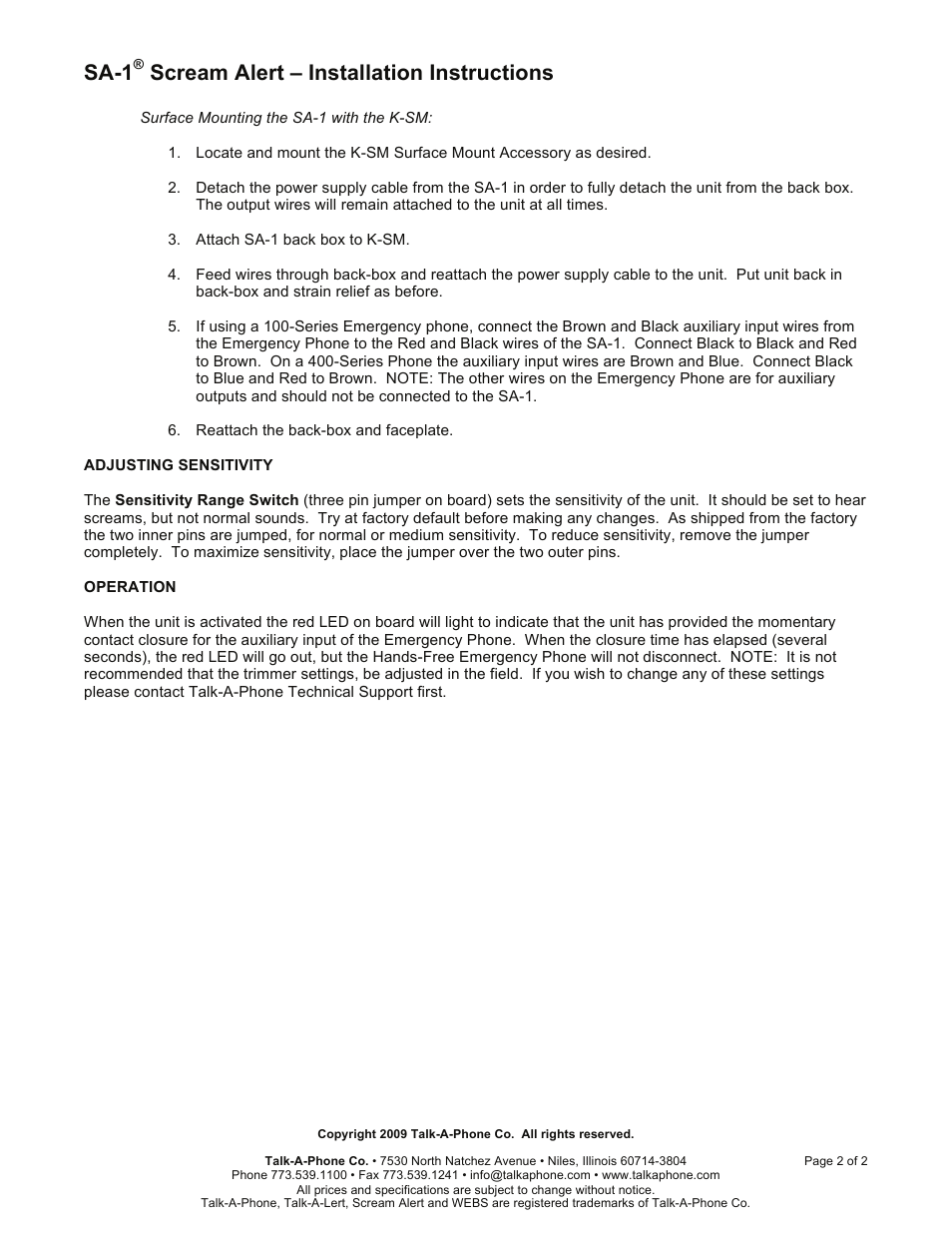 Sa-1, Scream alert – installation instructions | Talkaphone SA-1 Scream Alert User Manual | Page 2 / 2