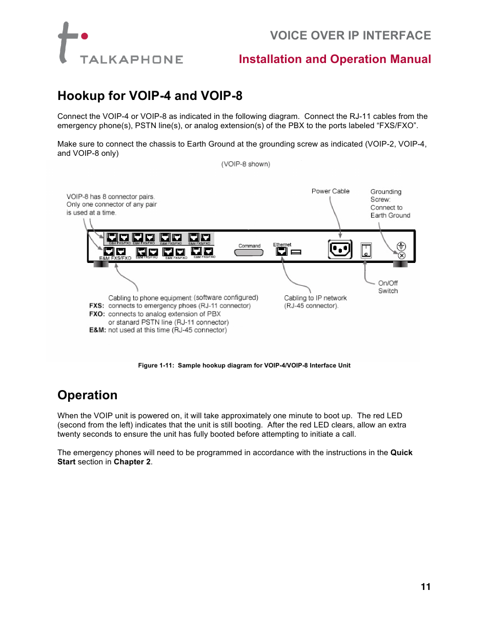 Hookup for voip-4 and voip-8, Operation | Talkaphone VOIP-8 VoIP Interface (8 channels) User Manual | Page 11 / 43