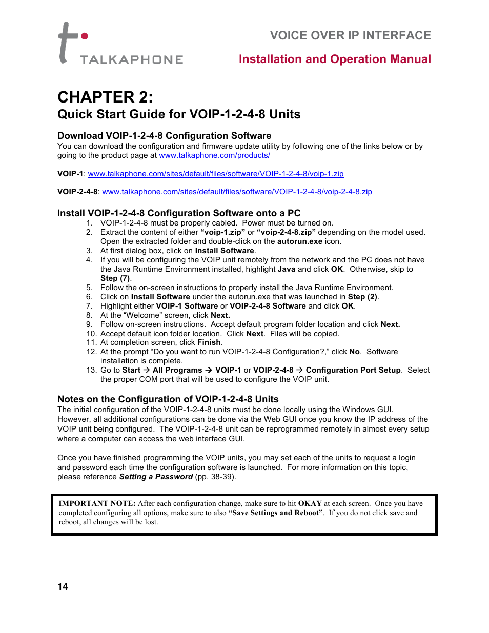 Chapter 2, Quick start guide for voip-1-2-4-8 units | Talkaphone VOIP-8 VoIP Interface (8 channels) User Manual | Page 14 / 43
