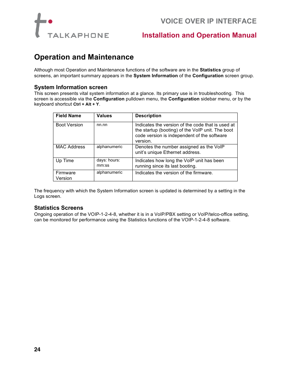 Operation and maintenance | Talkaphone VOIP-8 VoIP Interface (8 channels) User Manual | Page 24 / 43