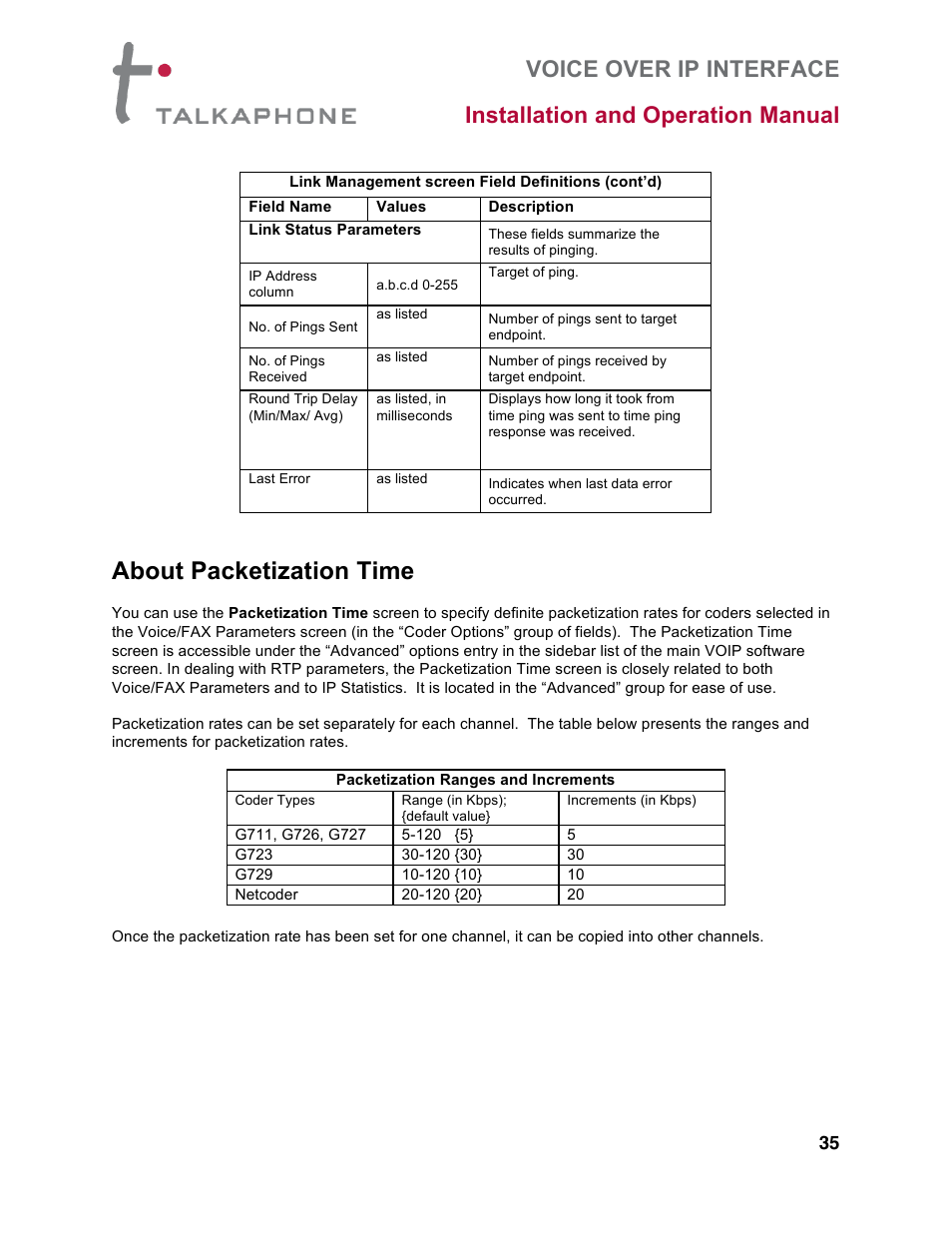 About packetization time | Talkaphone VOIP-8 VoIP Interface (8 channels) User Manual | Page 35 / 43