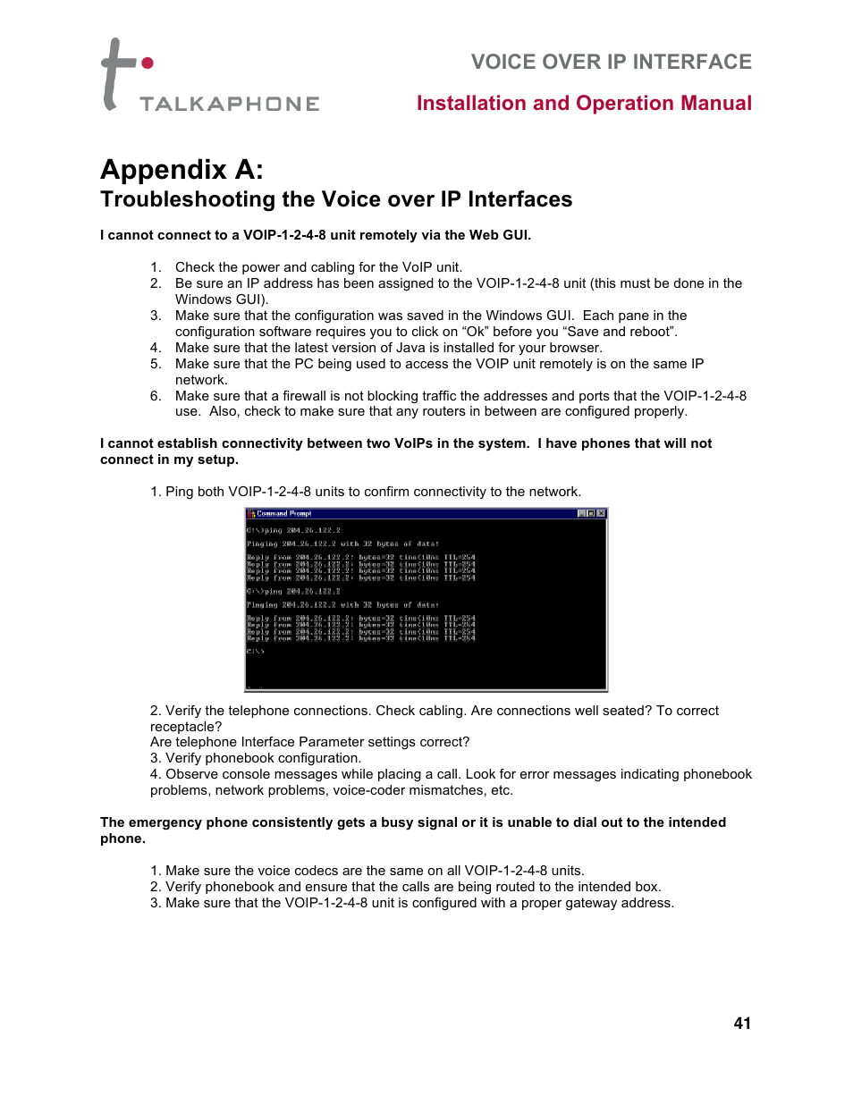 Appendix a, Troubleshooting the voice over ip interfaces | Talkaphone VOIP-8 VoIP Interface (8 channels) User Manual | Page 41 / 43