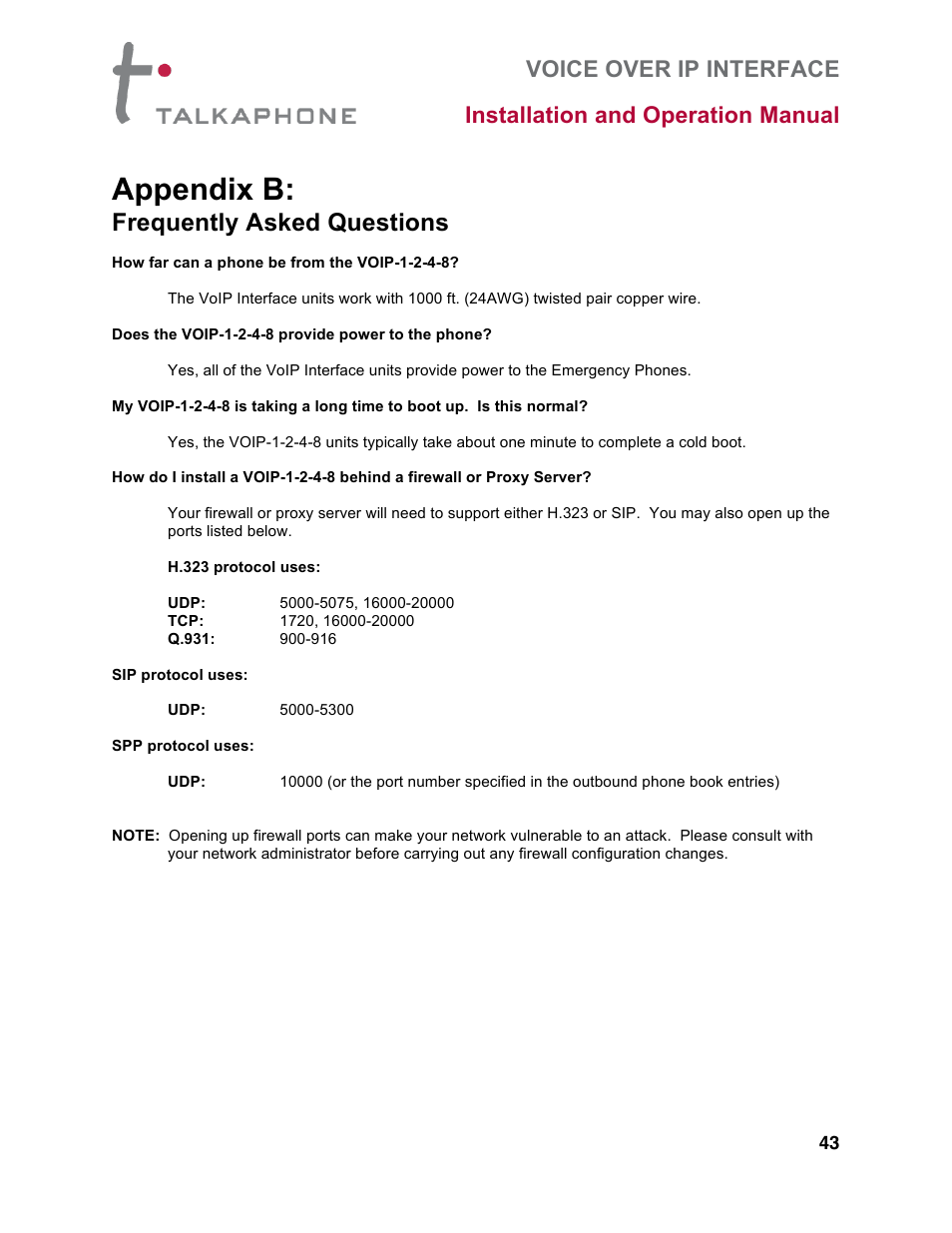 Appendix b, Frequently asked questions | Talkaphone VOIP-8 VoIP Interface (8 channels) User Manual | Page 43 / 43