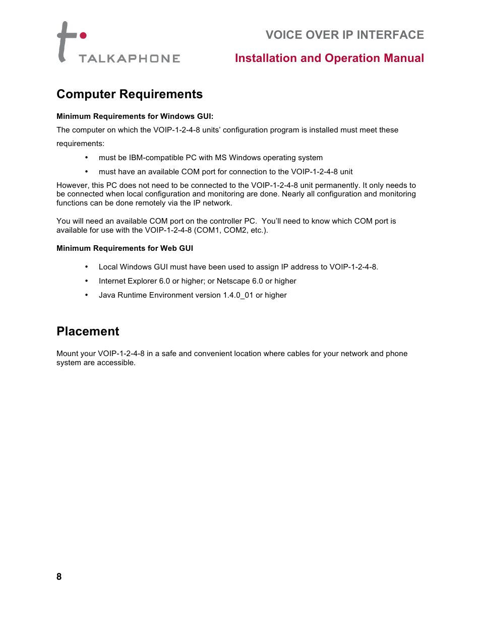 Computer requirements, Placement | Talkaphone VOIP-8 VoIP Interface (8 channels) User Manual | Page 8 / 43