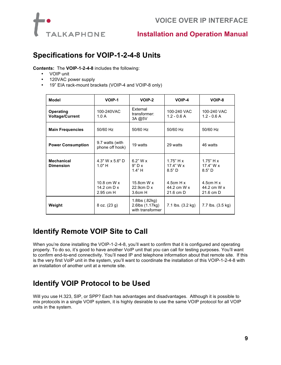 Specifications for voip-1-2-4-8 units, Identify remote voip site to call, Identify voip protocol to be used | Talkaphone VOIP-8 VoIP Interface (8 channels) User Manual | Page 9 / 43
