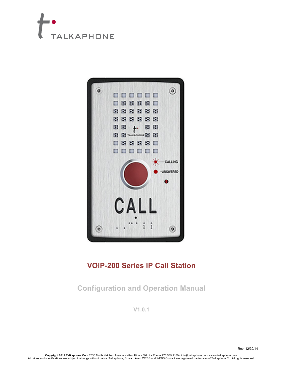 Talkaphone VOIP-201C Surface Mount Single Button Compact IP Call Station User Manual | 8 pages