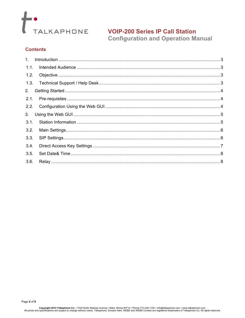 Voip-200 series ip call station, Configuration and operation manual | Talkaphone VOIP-201C Surface Mount Single Button Compact IP Call Station User Manual | Page 2 / 8