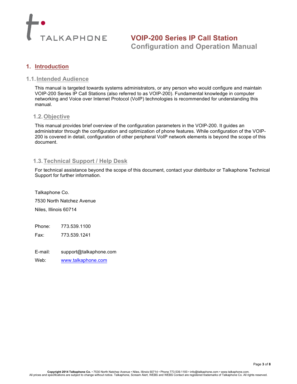 Voip-200 series ip call station, Configuration and operation manual | Talkaphone VOIP-201C Surface Mount Single Button Compact IP Call Station User Manual | Page 3 / 8