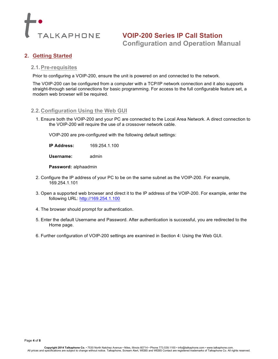 Voip-200 series ip call station, Configuration and operation manual | Talkaphone VOIP-201C Surface Mount Single Button Compact IP Call Station User Manual | Page 4 / 8