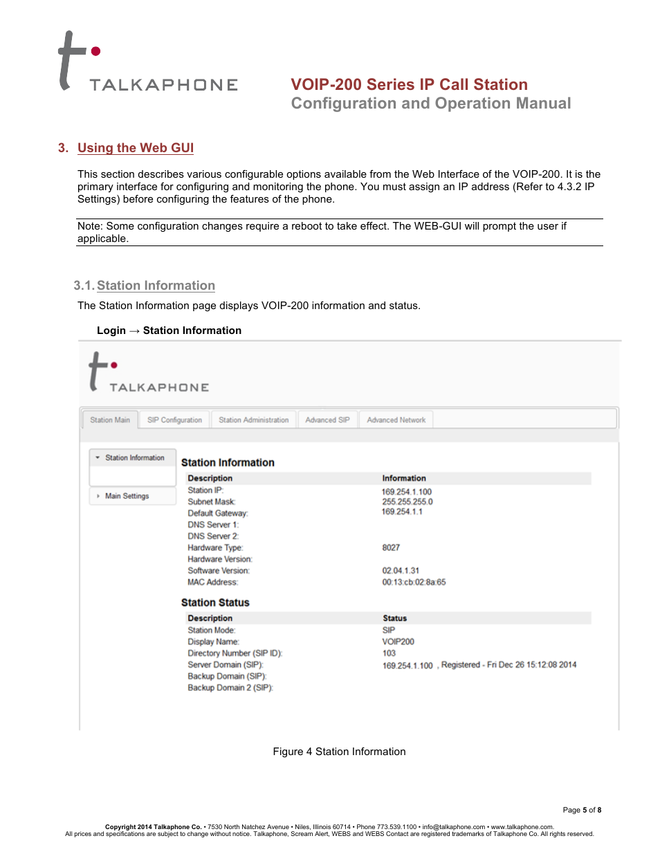 Voip-200 series ip call station, Configuration and operation manual | Talkaphone VOIP-201C Surface Mount Single Button Compact IP Call Station User Manual | Page 5 / 8