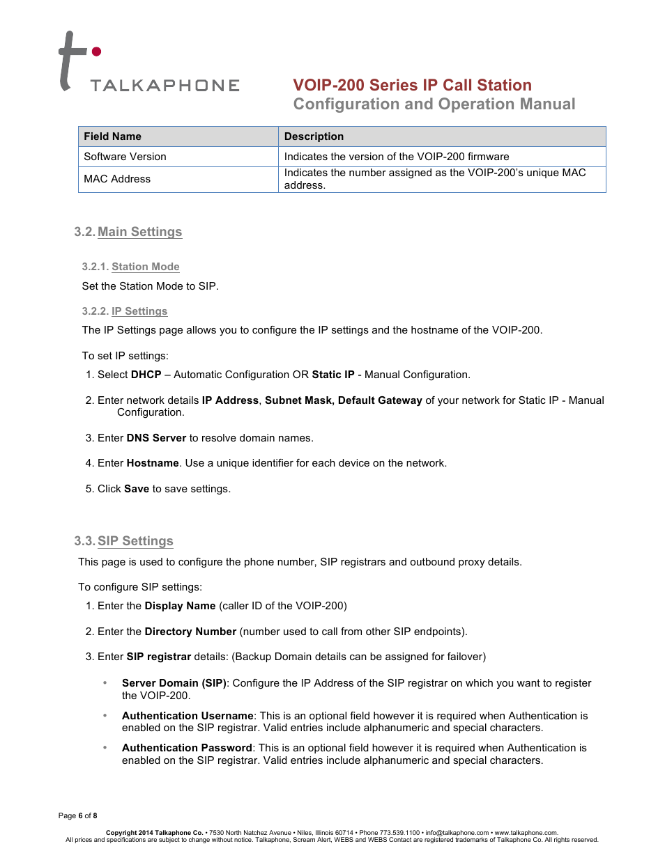 Voip-200 series ip call station, Configuration and operation manual | Talkaphone VOIP-201C Surface Mount Single Button Compact IP Call Station User Manual | Page 6 / 8