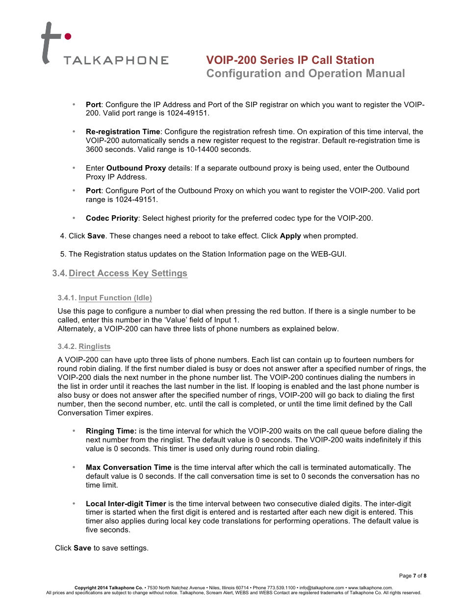 Voip-200 series ip call station, Configuration and operation manual | Talkaphone VOIP-201C Surface Mount Single Button Compact IP Call Station User Manual | Page 7 / 8
