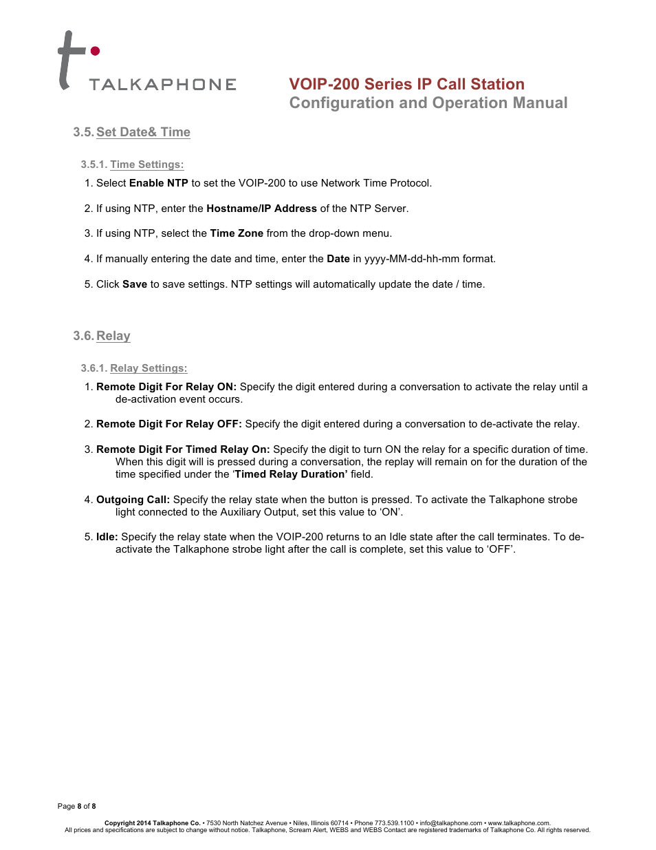 Voip-200 series ip call station, Configuration and operation manual | Talkaphone VOIP-201C Surface Mount Single Button Compact IP Call Station User Manual | Page 8 / 8