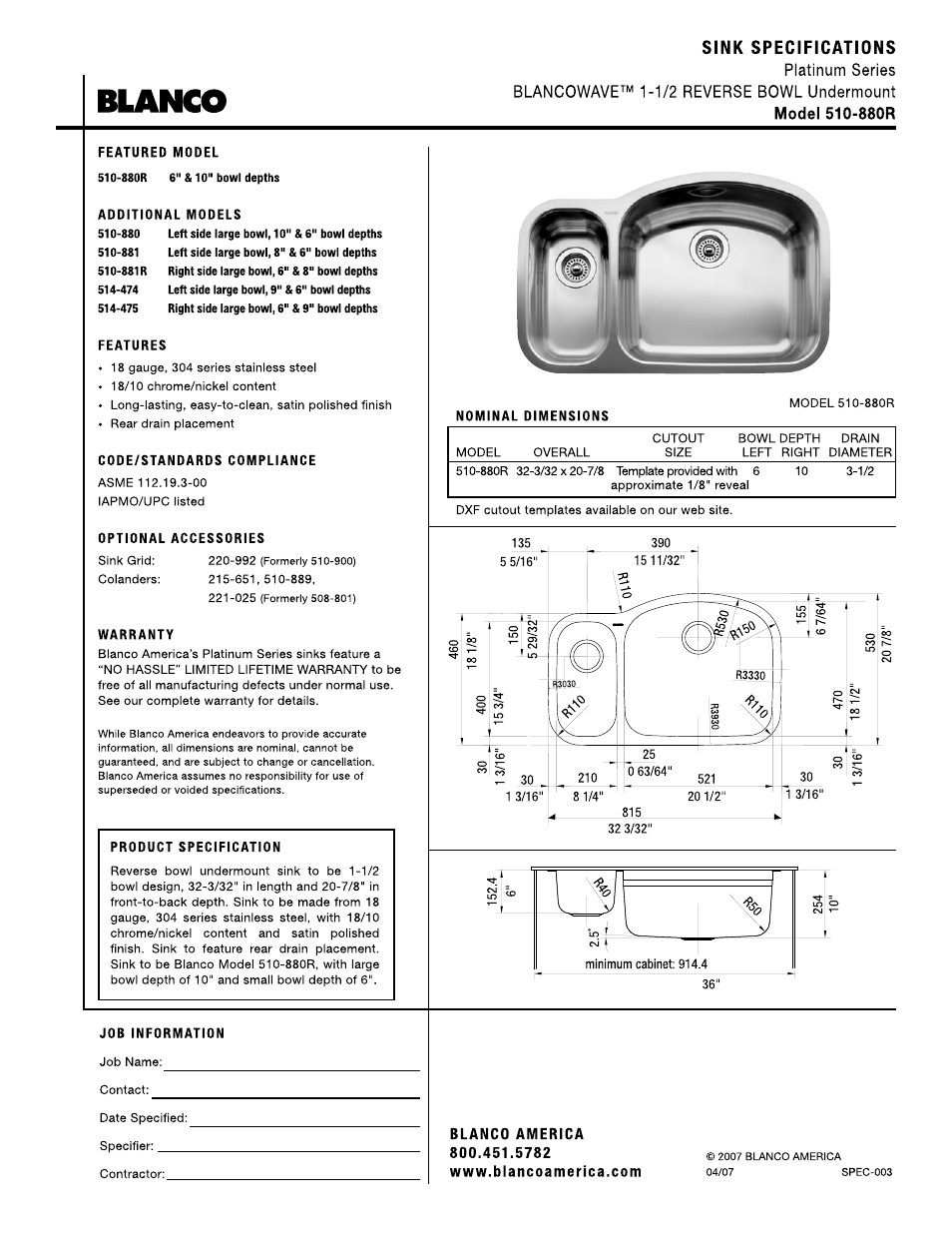 Blanco Wave 510-880R User Manual | 1 page