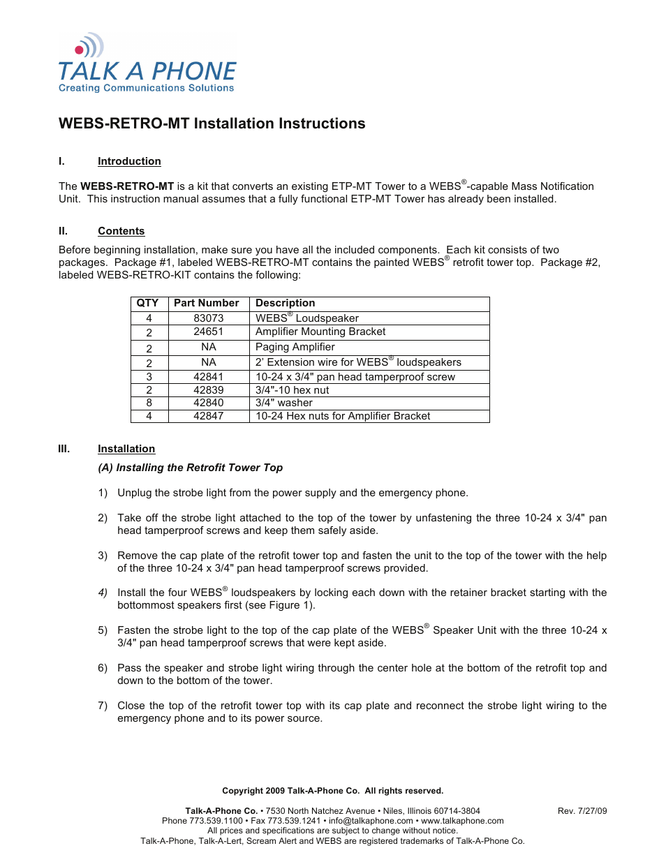 Talkaphone WEBS-RETRO-MT WEBS Retro Kit for ETP-MT Towers User Manual | 4 pages