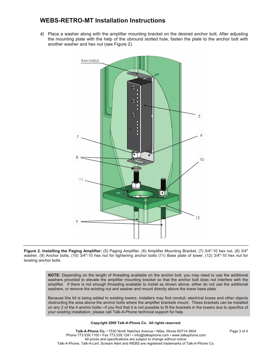 Webs-retro-mt installation instructions | Talkaphone WEBS-RETRO-MT WEBS Retro Kit for ETP-MT Towers User Manual | Page 3 / 4