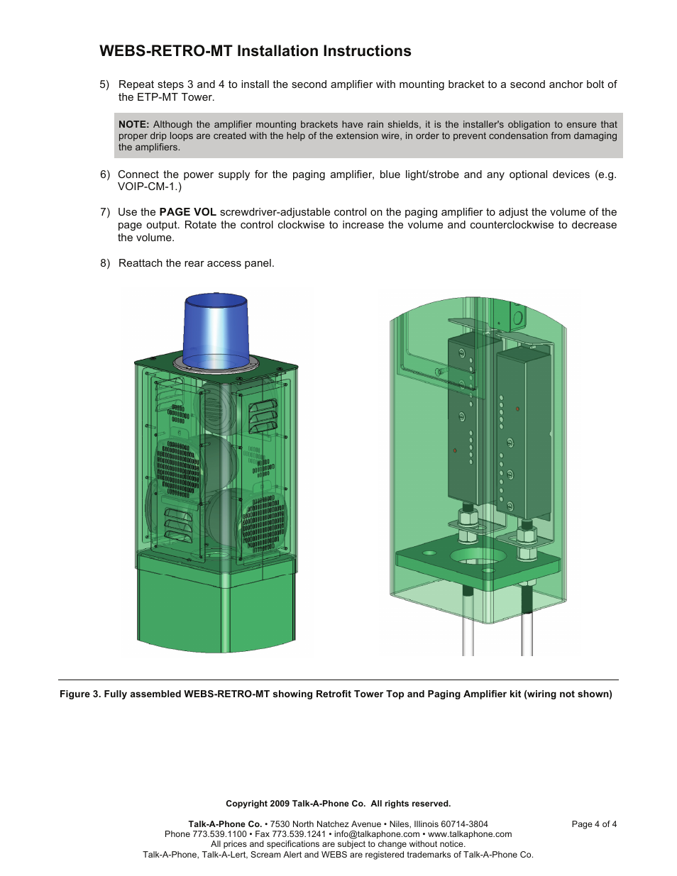 Webs-retro-mt installation instructions | Talkaphone WEBS-RETRO-MT WEBS Retro Kit for ETP-MT Towers User Manual | Page 4 / 4