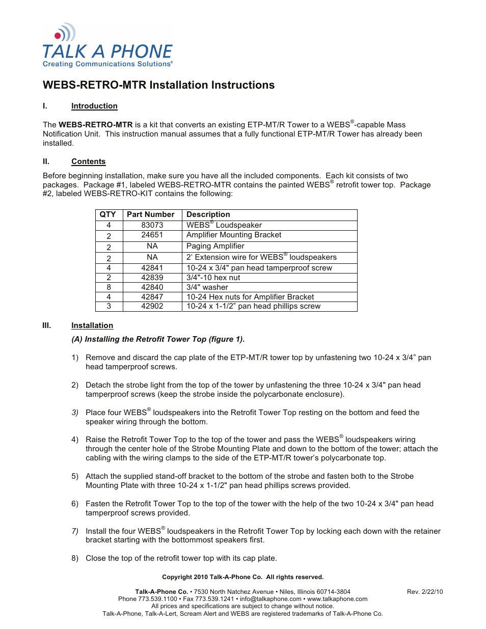 Talkaphone WEBS-RETRO-MT/R WEBS Retro Kit for ETP-MT/R Tower User Manual | 4 pages