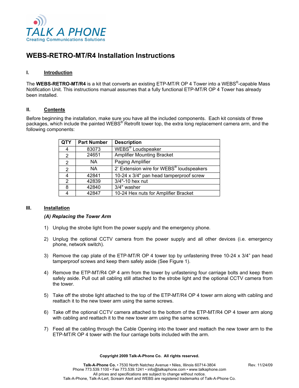 Talkaphone WEBS-RETRO-MT/R4 WEBS Retro Kit for ETP-MT/R OP5 Tower User Manual | 5 pages