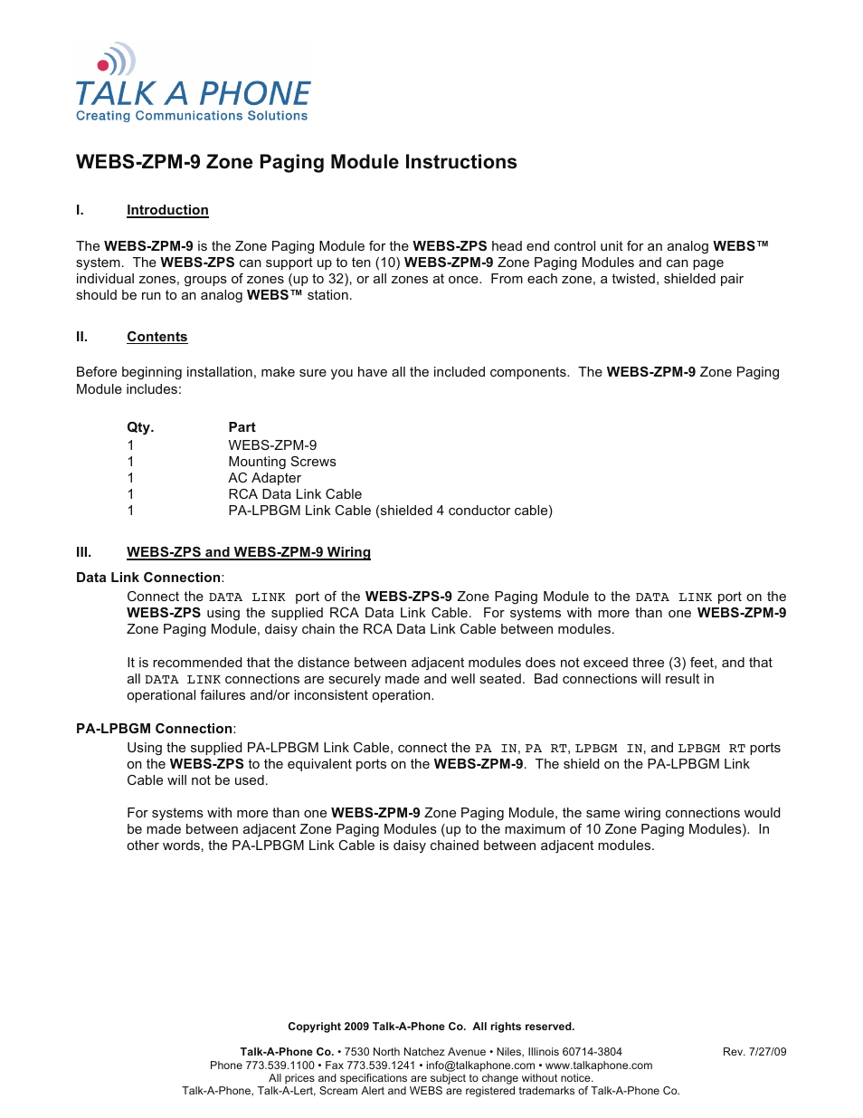 Talkaphone WEBS-ZPM-9 Zone Paging Module for Analog WEBS User Manual | 2 pages