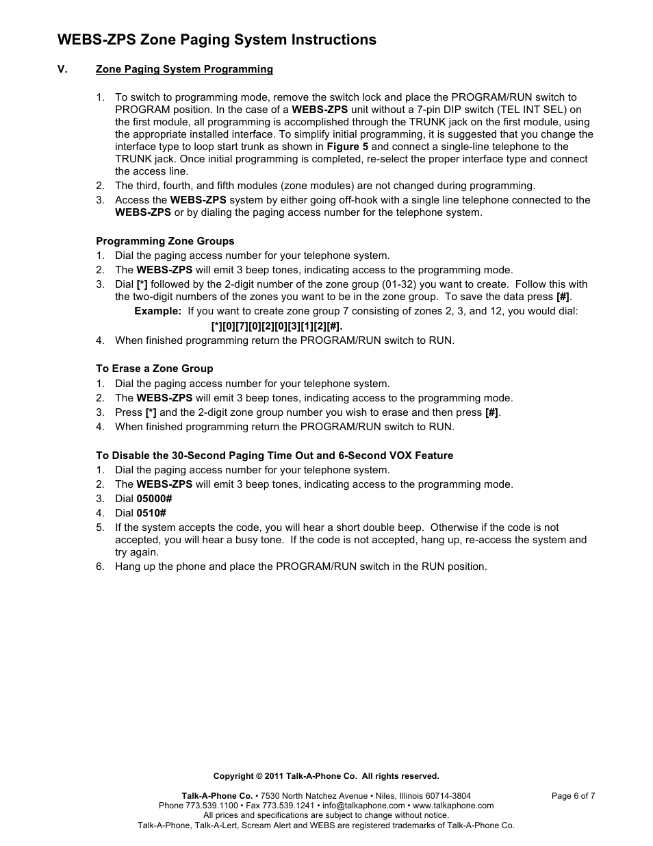 Webs-zps zone paging system instructions | Talkaphone WEBS-ZPS Zone Paging System for Analog WEBS User Manual | Page 6 / 7