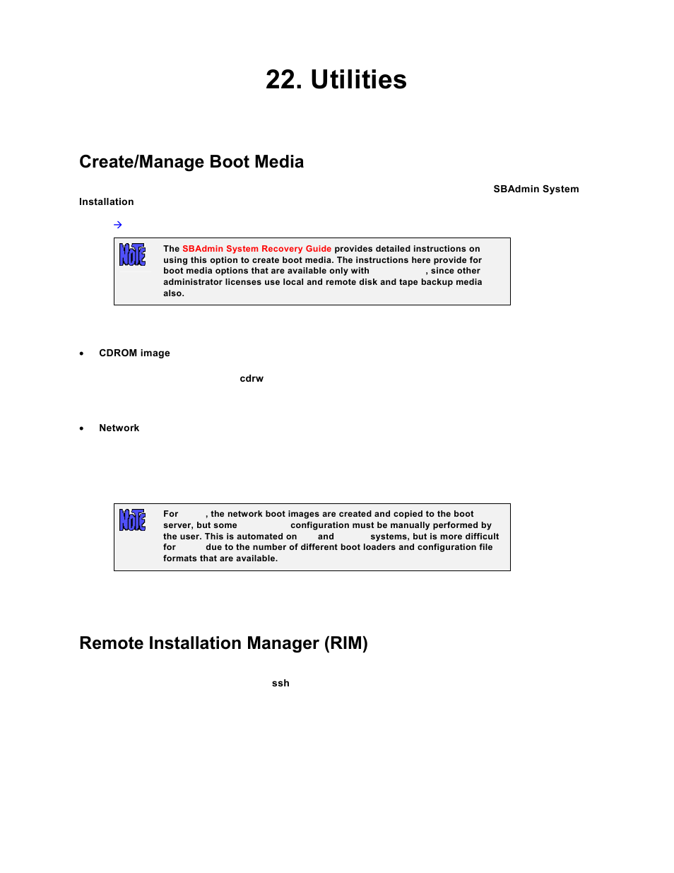 Utilities, Create/manage boot media, Remote installation manager (rim) | In. when, Creating boot media, Write a tape label id to a tape, Write a tape label id to tape | Storix Software SBAdmin TSM Edition Users Guide User Manual | Page 105 / 117