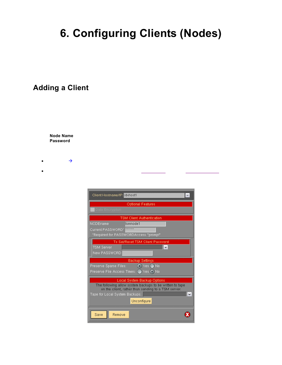 Configuring clients (nodes), Adding a client | Storix Software SBAdmin TSM Edition Users Guide User Manual | Page 25 / 117