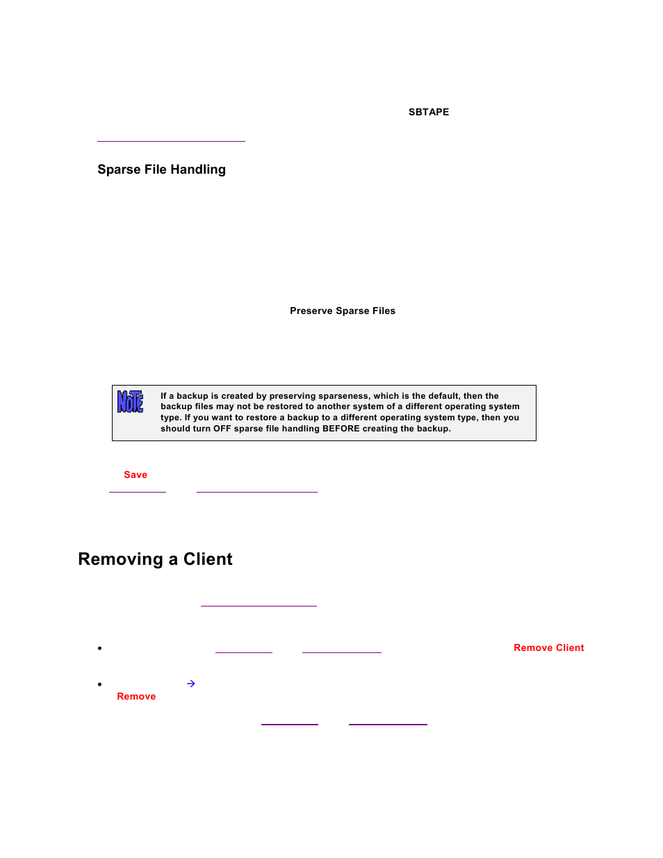 Sparse file handling, Removing a client | Storix Software SBAdmin TSM Edition Users Guide User Manual | Page 27 / 117