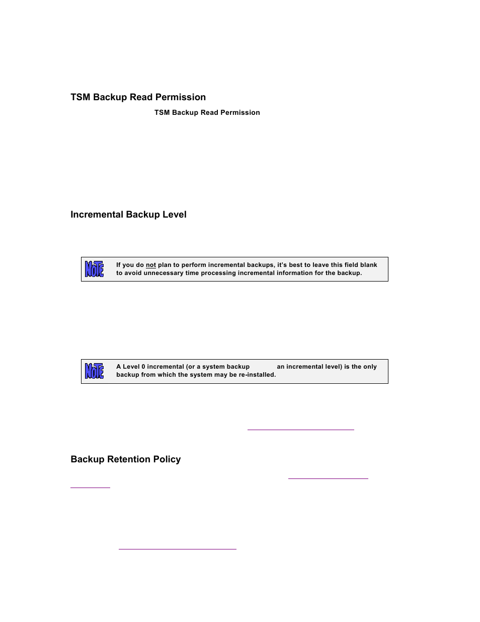 Tsm backup read permission, Incremental backup level, Backup retention policy | Storix Software SBAdmin TSM Edition Users Guide User Manual | Page 34 / 117