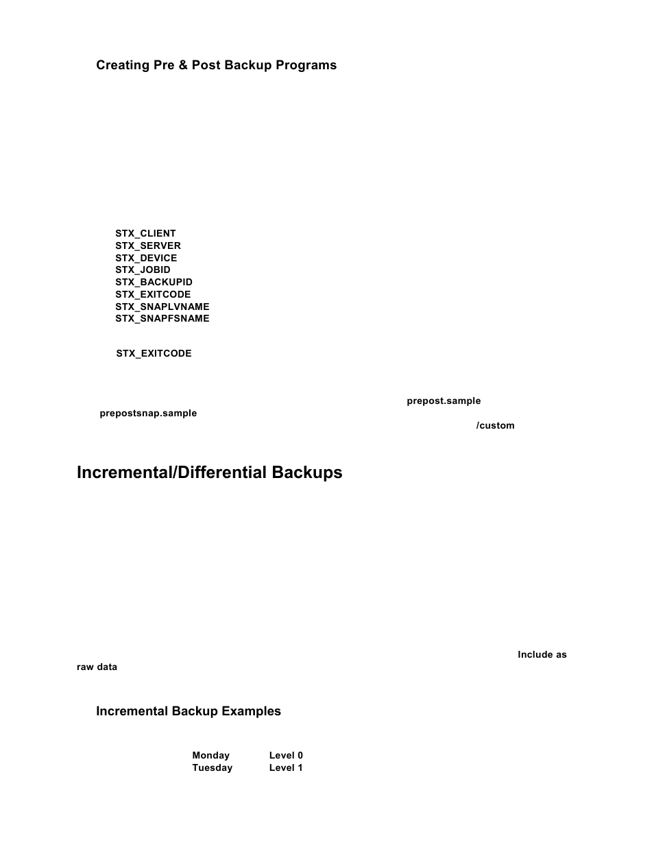 Creating pre & post backup programs, Incremental/differential backups, Incremental backup examples | Creating pre and post, Backup programs | Storix Software SBAdmin TSM Edition Users Guide User Manual | Page 37 / 117
