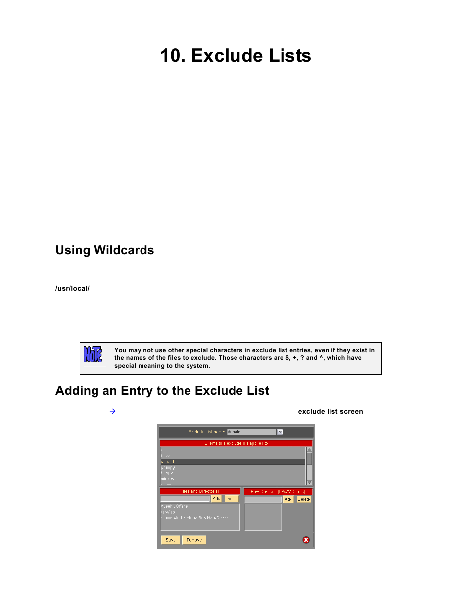 Exclude lists, Using wildcards, Adding an entry to the exclude list | Storix Software SBAdmin TSM Edition Users Guide User Manual | Page 40 / 117