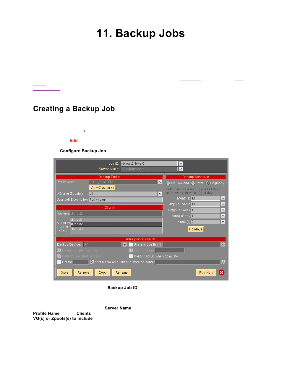 Backup jobs, Creating a backup job, Schedule or run backup jobs | Must, Remove or change the job, Backup job, Configure a backup job, Configuring a backup job | Storix Software SBAdmin TSM Edition Users Guide User Manual | Page 42 / 117