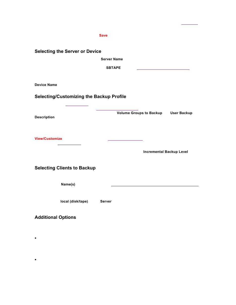 Selecting the server or device, Selecting/customizing the backup profile, Selecting clients to backup | Additional options | Storix Software SBAdmin TSM Edition Users Guide User Manual | Page 43 / 117