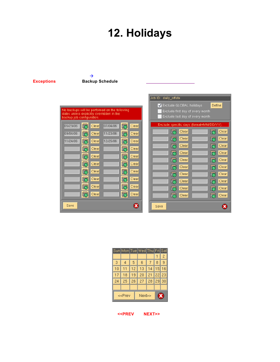 Holidays, Configuring backup, Exceptions | Storix Software SBAdmin TSM Edition Users Guide User Manual | Page 48 / 117