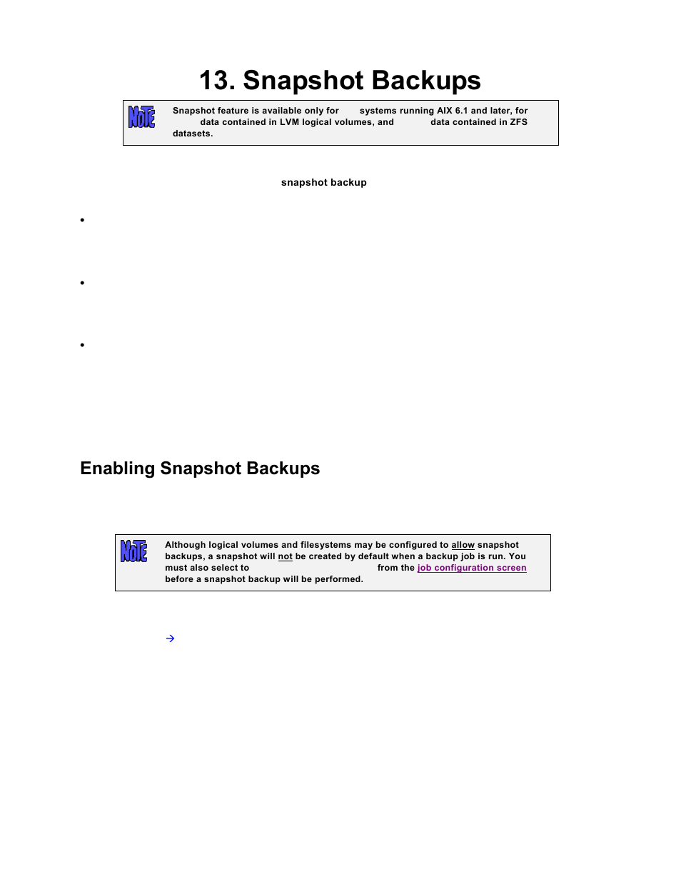 Snapshot backups, Enabling snapshot backups, Snapshots | Snapshot, Backups | Storix Software SBAdmin TSM Edition Users Guide User Manual | Page 50 / 117