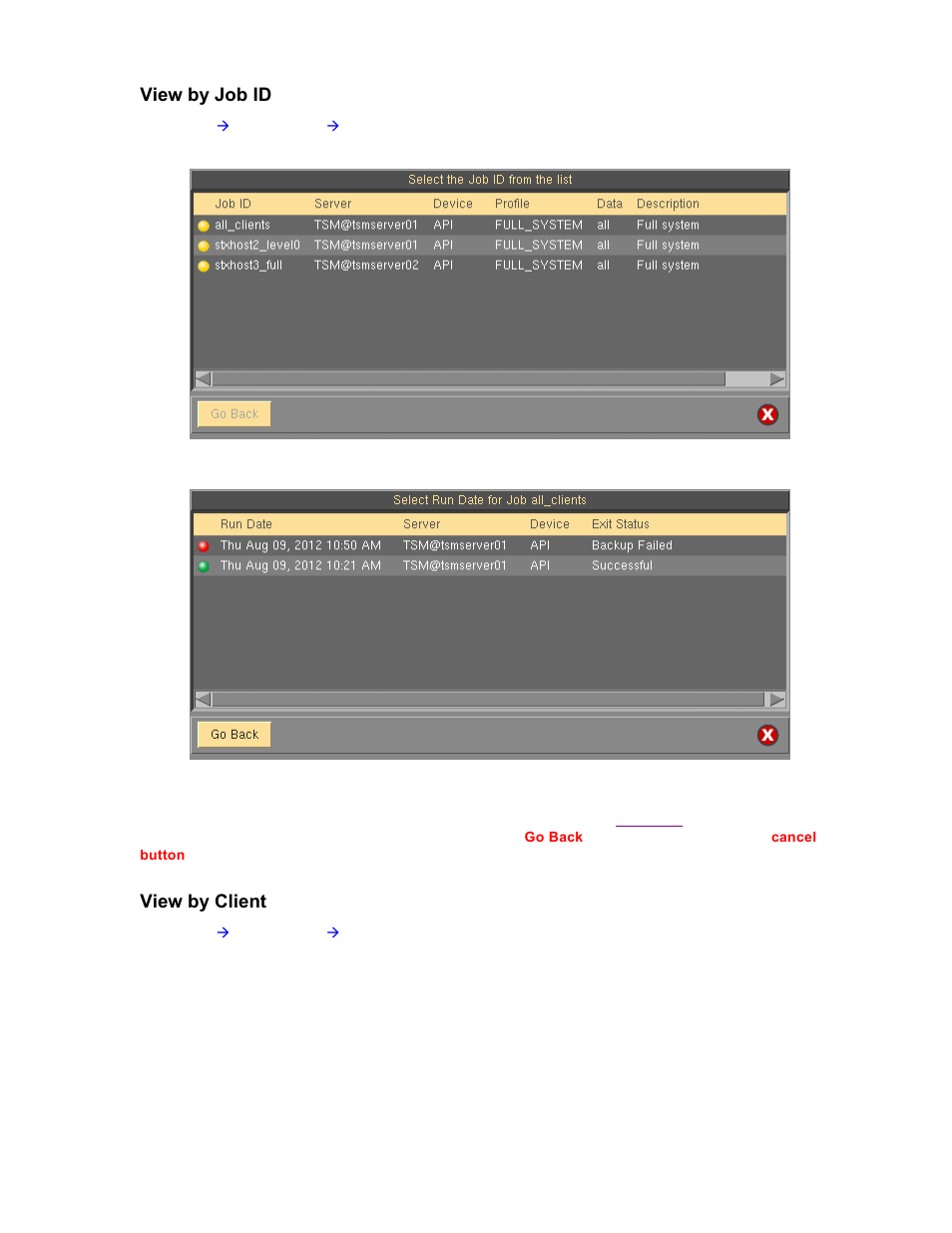 View by job id, View by client, View backup labels | Storix Software SBAdmin TSM Edition Users Guide User Manual | Page 63 / 117