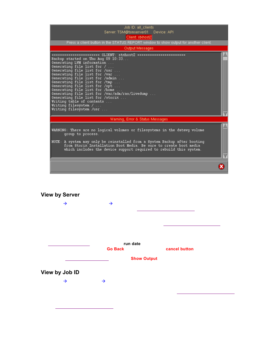View by server, View by job id, Status/output messages | Or a | Storix Software SBAdmin TSM Edition Users Guide User Manual | Page 68 / 117