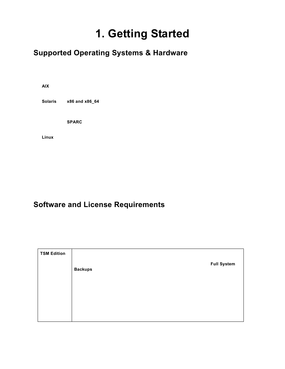 Getting started, Supported operating systems & hardware, Software and license requirements | Storix Software SBAdmin TSM Edition Users Guide User Manual | Page 8 / 117