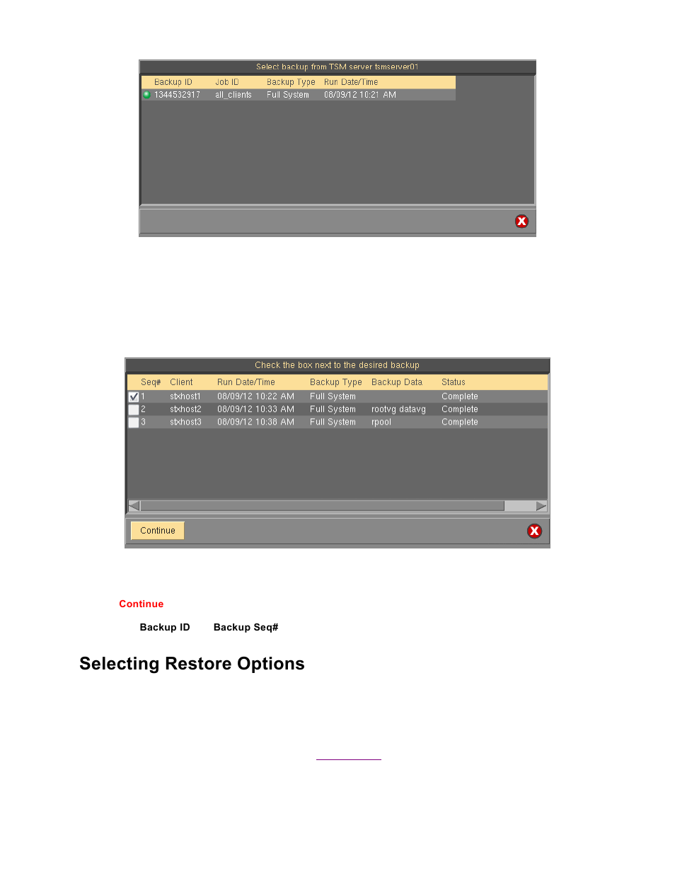 Selecting restore options | Storix Software SBAdmin TSM Edition Users Guide User Manual | Page 82 / 117