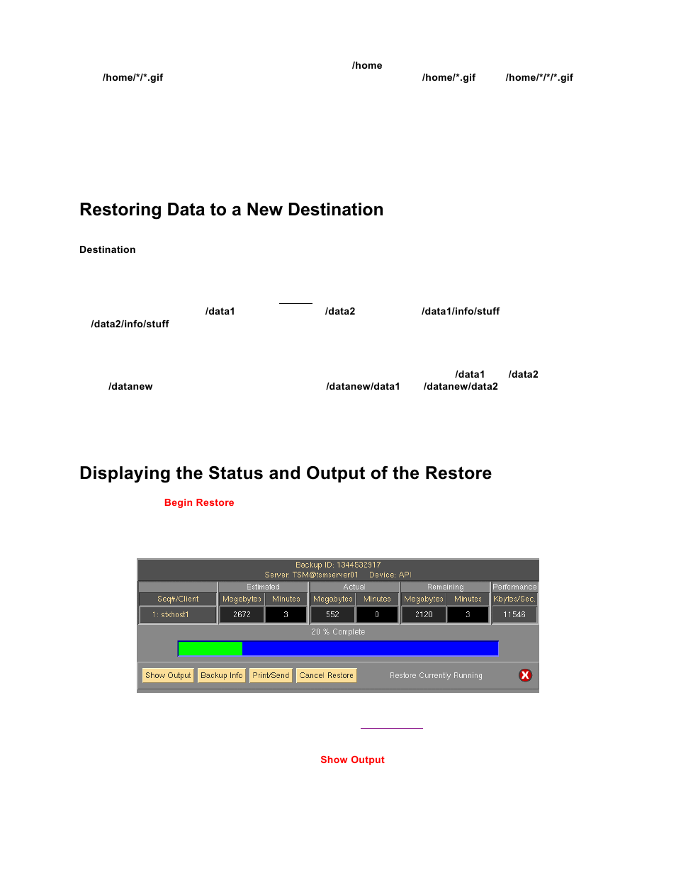 Restoring data to a new destination, Displaying the status and output of the restore, Status report screen | Below | Storix Software SBAdmin TSM Edition Users Guide User Manual | Page 87 / 117