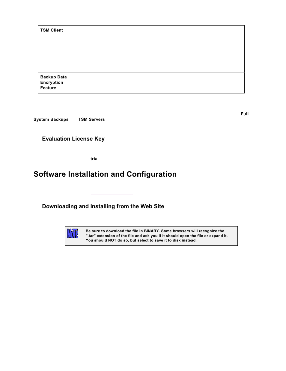 Evaluation license key, Software installation and configuration, Downloading and installing from the web site | Storix Software SBAdmin TSM Edition Users Guide User Manual | Page 9 / 117