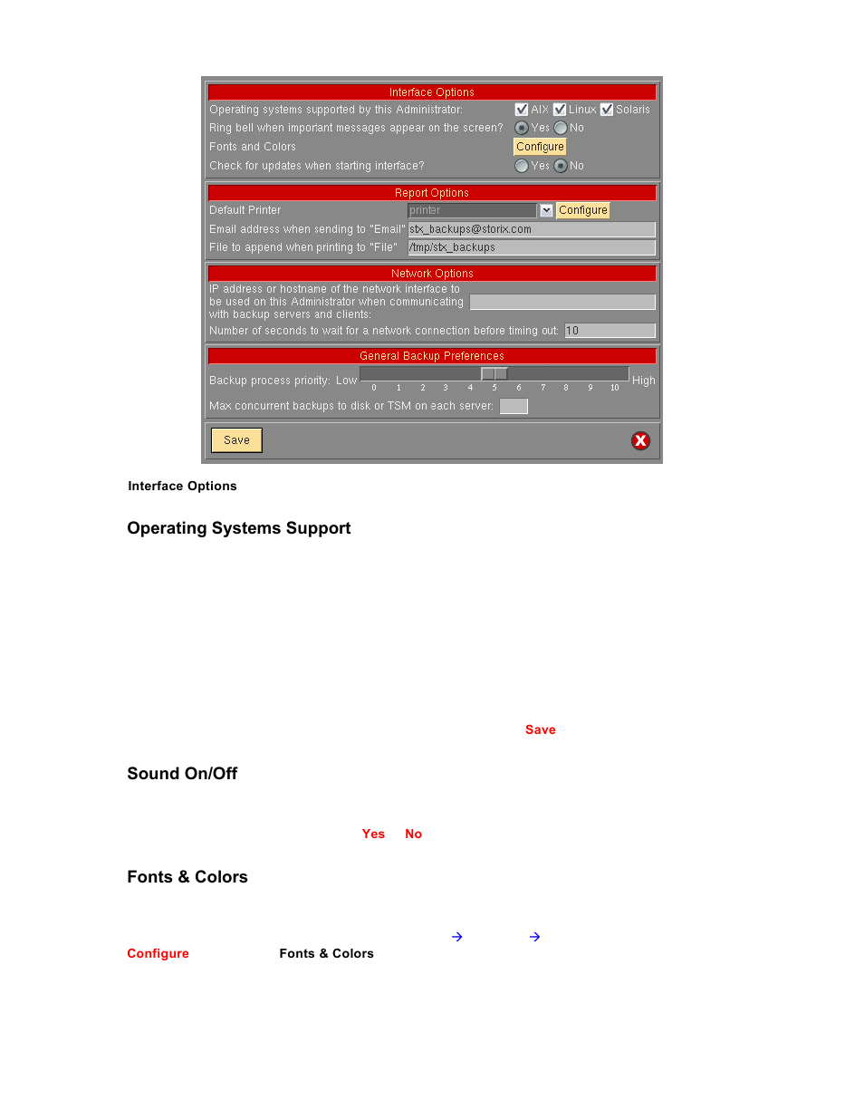 Operating systems support, Sound on/off, Fonts & colors | Storix Software SBAdmin TSM Edition Users Guide User Manual | Page 91 / 117