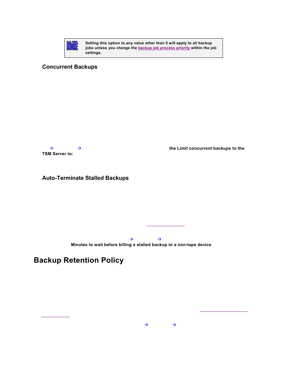 Concurrent backups, Auto-terminate stalled backups, Backup retention policy | Set in t, Backup retention policies | Storix Software SBAdmin TSM Edition Users Guide User Manual | Page 96 / 117