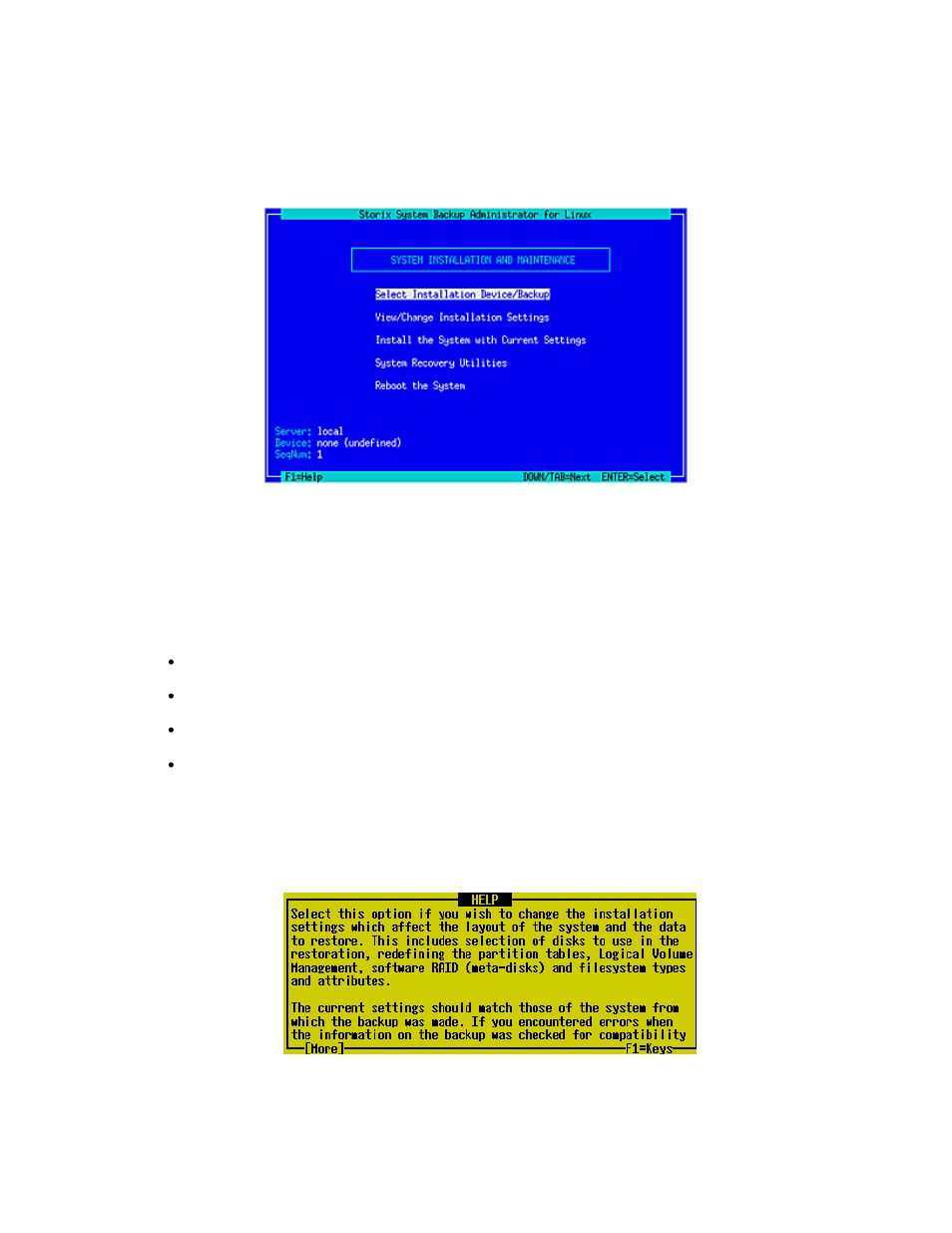 The system installation and maintenance menu, Using keys and getting help, System installation menus | Select, Installation and maintenance menu | Storix Software SBAdmin Linux System Recovery Guide User Manual | Page 39 / 78
