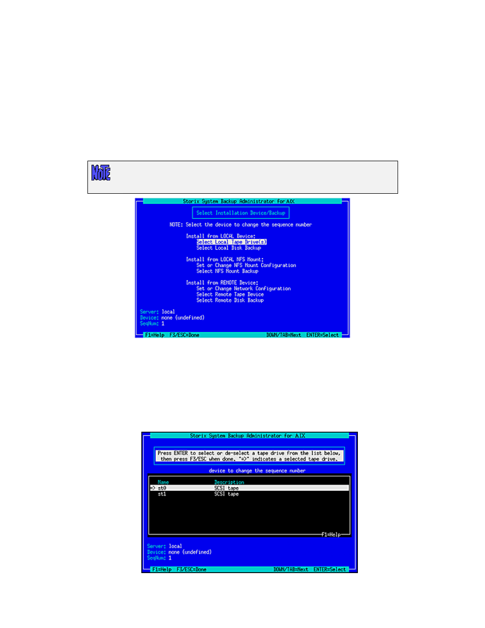 Change installation server or device, Select local tape device drives(s) | Storix Software SBAdmin AIX System Recovery Guide User Manual | Page 32 / 55