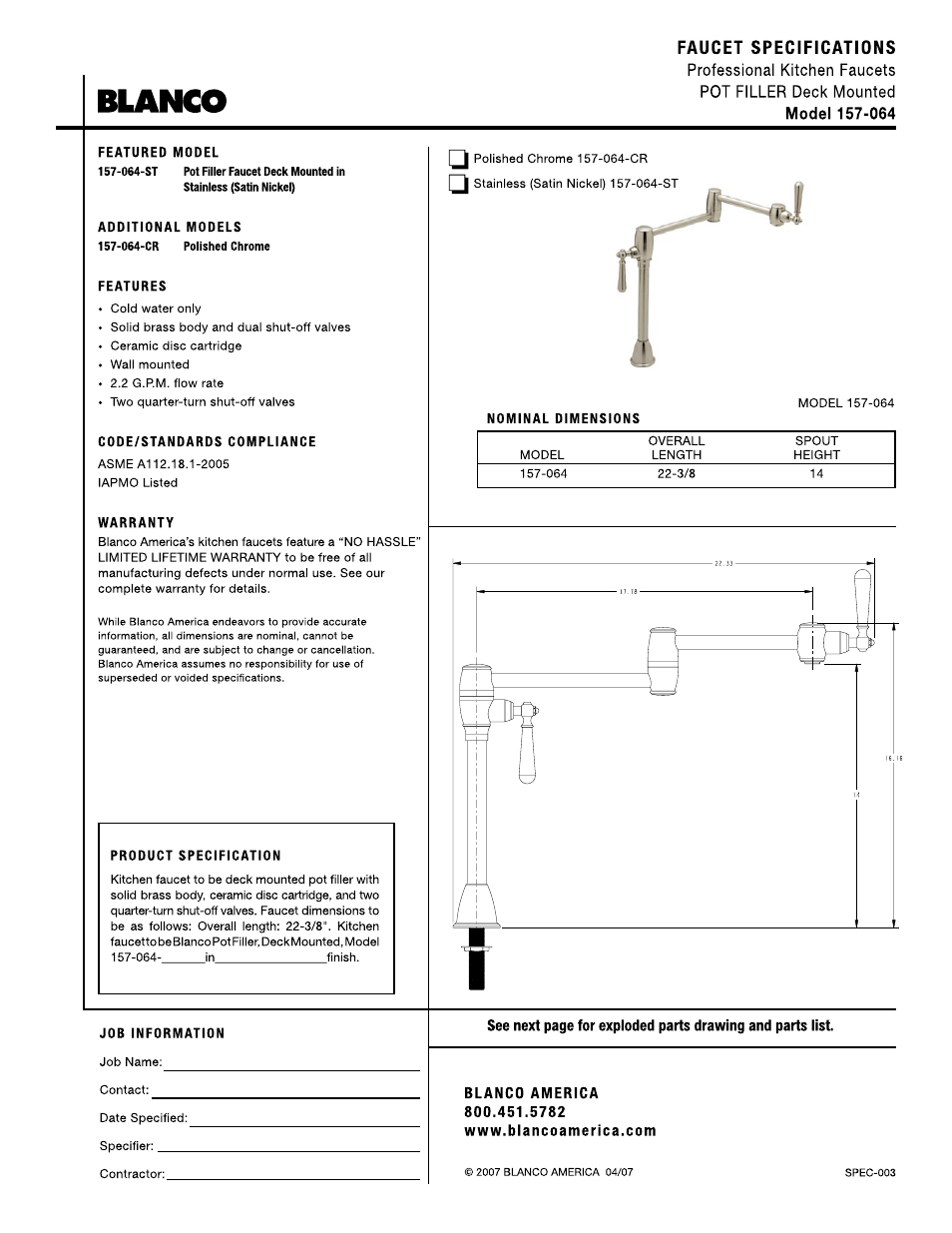 Blanco 157-064 User Manual | 2 pages